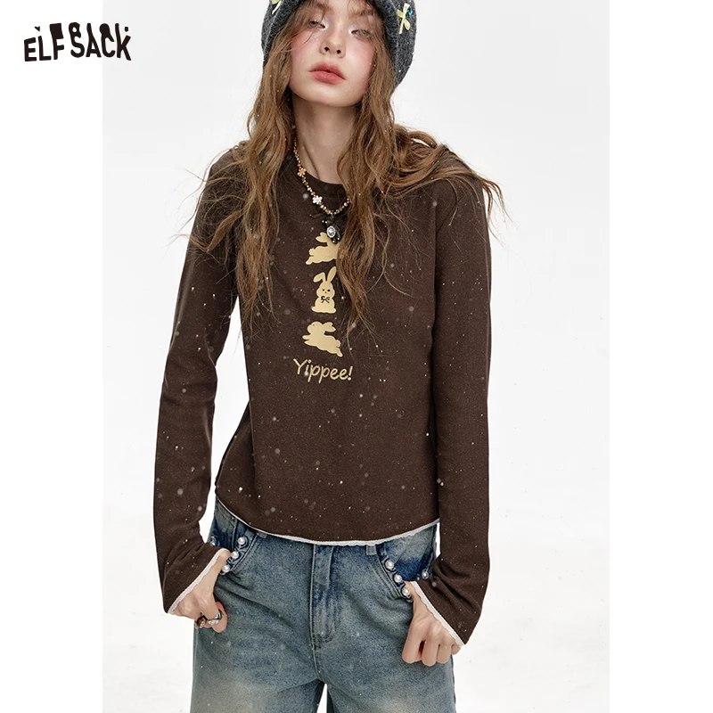 ELFSACK 2024 Winter New Arrivals Round Neck Lace Stitching Rabbit Print Long Sleeve T-Shirt Women