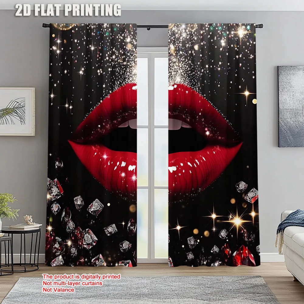 

2pc, Window Treatment Curtains Sexy Red Lips Versatile Polyester Fabric,Without Electricity Festive Backdrops Use for Classroom