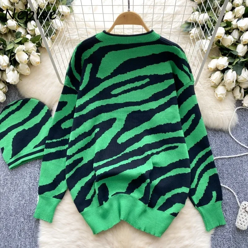 Neploe 2024 Autumn Winter O-Neck Knitted Pullover Femme Korean Vintage Zebra Pattern Slimming Versatile Long Sleeve Sweater