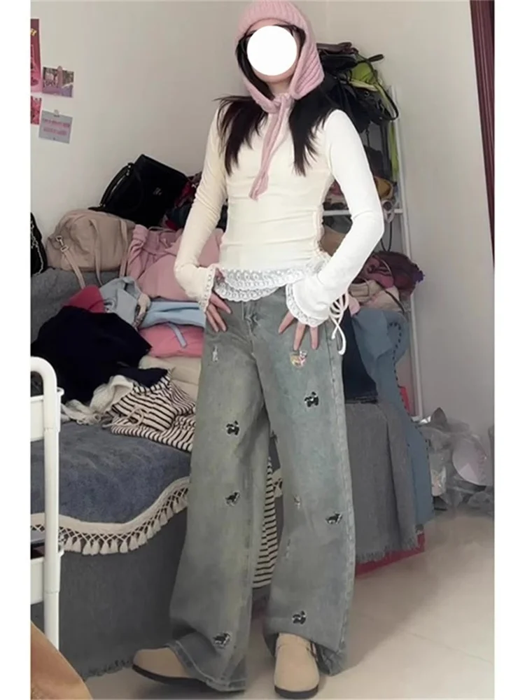 Large Size American Retro Dog Embroidery Waed Denim Pants Women's Autumn New High Waist Straight Leg Loose Floor-Length Jeans