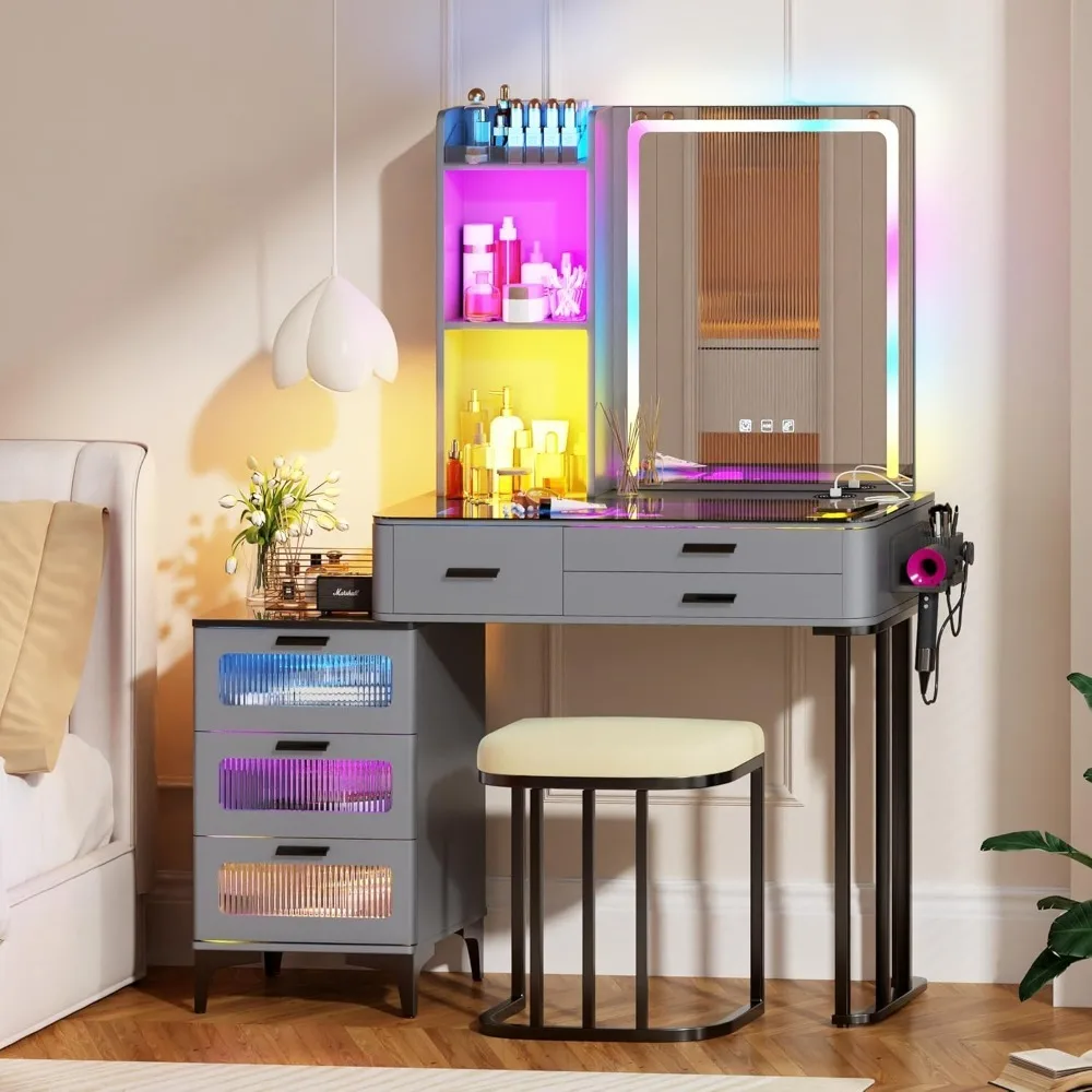 

Dressers with Mirror and Lights, 7 Dynamic and 7 Static Dimmable Make up Vanity Table with Charging Station,Vanity Set Dressers