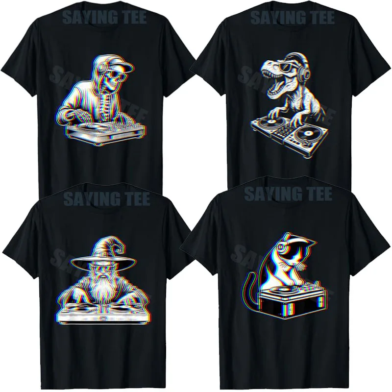Y2k Dj Optical Illusion EDM Rave Festival Music T-Shirt Cute Skeleton Wizard,Trippy Dj Wizard, T-Rex Dinosaur Cat Headphones Tee