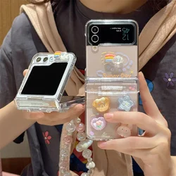 Korean Cute 3D Bear Rabbit Hinge Phone Case For Samsung Galaxy Z Flip 6 5 4 Z Flip4 Flip5 Flip6 5G Cover with Chain Hard Cases