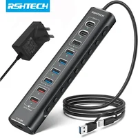 RSHTECH 60W Hub USB alimentado 10Gbps Transferencia de datos Divisor USB de aluminio con puertos de carga rápida USB-C PD 20W para portátiles Macbook