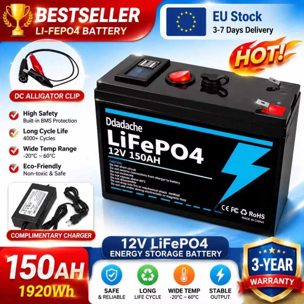 🎁   Batterie rechargeable au lithium-ion LiFePO4 12V 150Ah, utilisée pour les explorateurs en kayak, les panneaux solaires, les jouets électriques pour bateaux et les batteries de fauteuils roulants électriques
