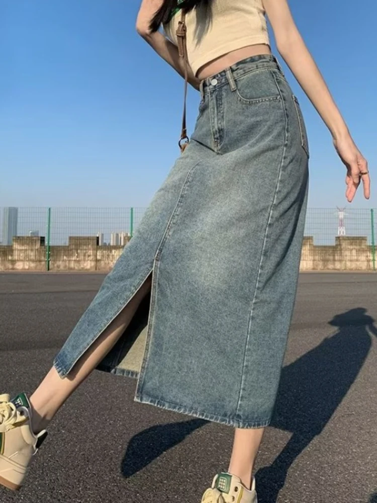 

Skirts Women All-match Fashion Front Slit American Retro Midi Denim High Street Popular Harajuku Summer Simple College Hotsweet