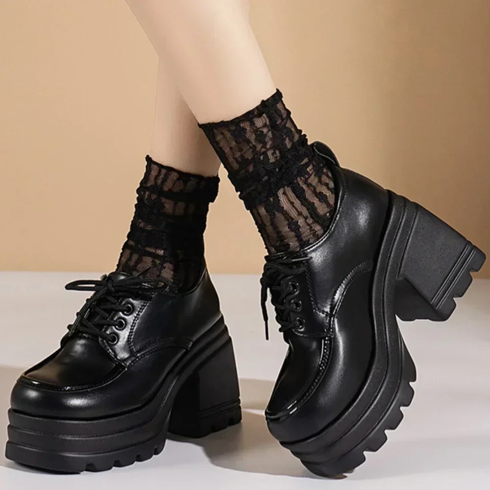 Zapatos de tacón Mary Jane con cordones para mujer, mocasines para niñas estudiantes JK, zapatos de Lolita, uniforme, tacones altos, zapatos de tacón con plataforma, zapatos de Cosplay para mujer