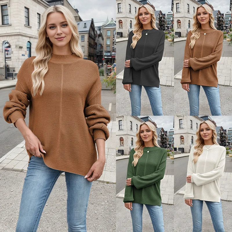 

New half-high neck women's 2025 autumn and winter European and American solid color versatile pullover loose knitted sweater