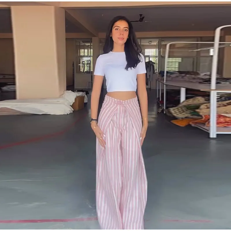 Casual Striped Women's Trouser Lace-Up Adjust Belt High Waist Wide Leg Pants 2026 Summer Autumn Fashion Female Street Trousers
