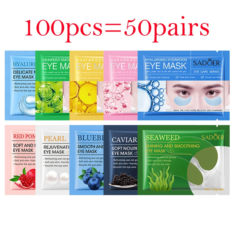 Mascarilla de colágeno de cristal para ojos, 100 piezas = 50 pares, hidratante, antiojeras, reafirmante, parches para ojos Sakura, cuidado de la piel