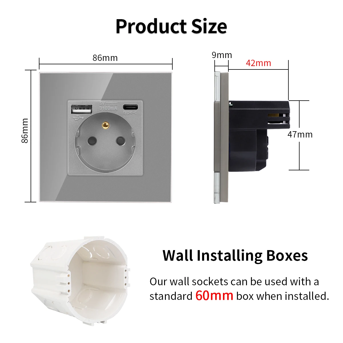 France Standard USB Socket Touch Switch Grey Glass Panel Power USB Type-c Charging Interface AC 110~220V Outlet Home Appliance