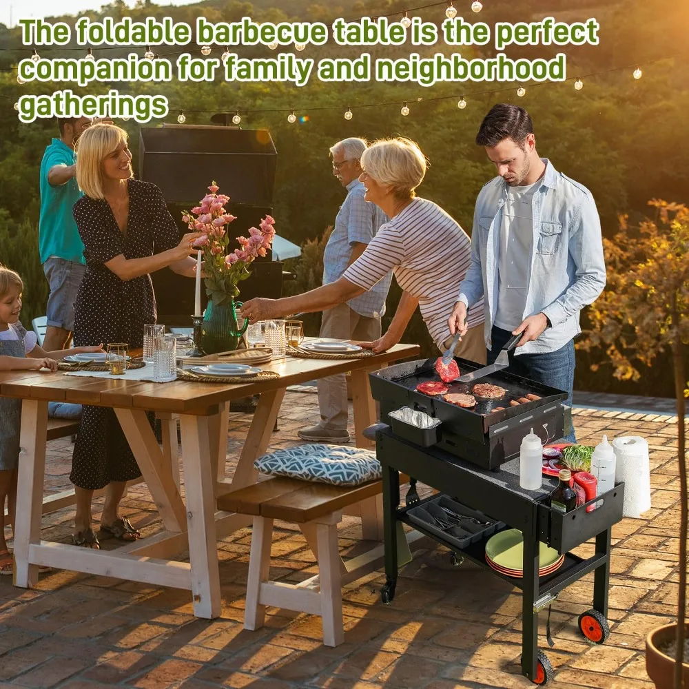 Table de gril portable pour l'extérieur, support de gril solide et robuste, chariot de barbecue de préparation de cuisine mobile avec roues, chariot de gril pliant