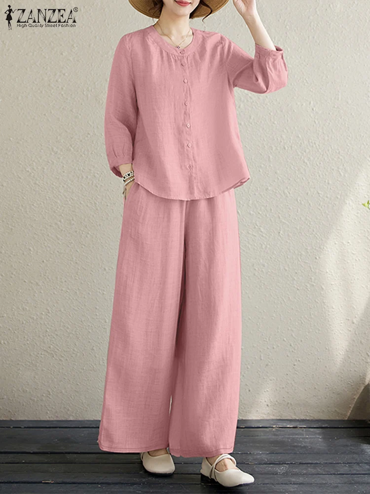 ZANZEA Set Blus lengan 3/4 wanita, setelan blus celana panjang kaki lebar, baju olahraga longgar musim semi 2 potong pakaian mode setelan