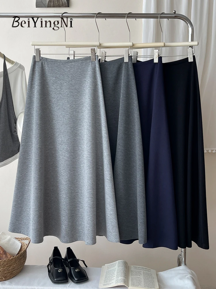Spódnice damskie Beiyingni jesień-zima, francuskie, eleganckie, vintage, codzienne, z wysokim stanem, długa spódnica w kształcie litery A, elastyczna talia, faldas