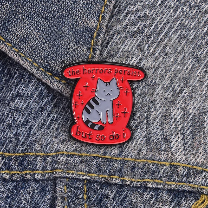 Creative Gray Cat Red Background Badge Personalized English Quotes Alloy Baking Paint Craftsmanship Niche Decoration Brooch Pins