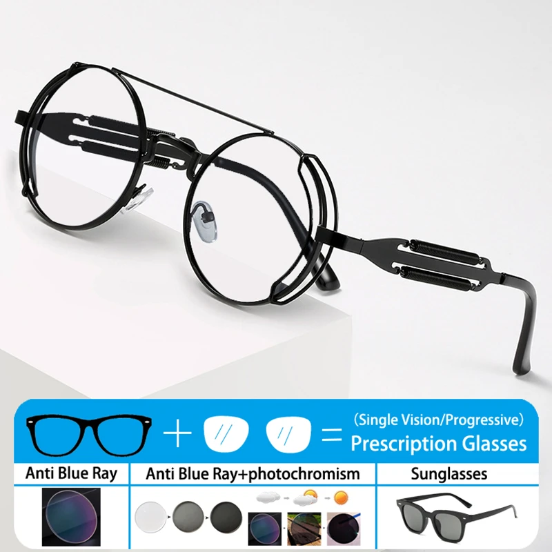 Classical Punk Style Round Frame Sunglasses Photochromic Gray Brown Anti Blue Ray Custom Prescription Customized Degree Eyewear