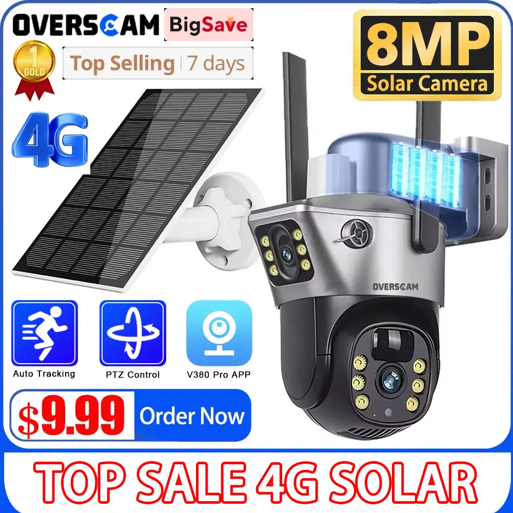 

4G SIM Card Camera 8MP 4K Dual Screen Camara Monitor Smart Home Outdoor Solar PTZ CCTV IP Camera V380 Pro Security Protection