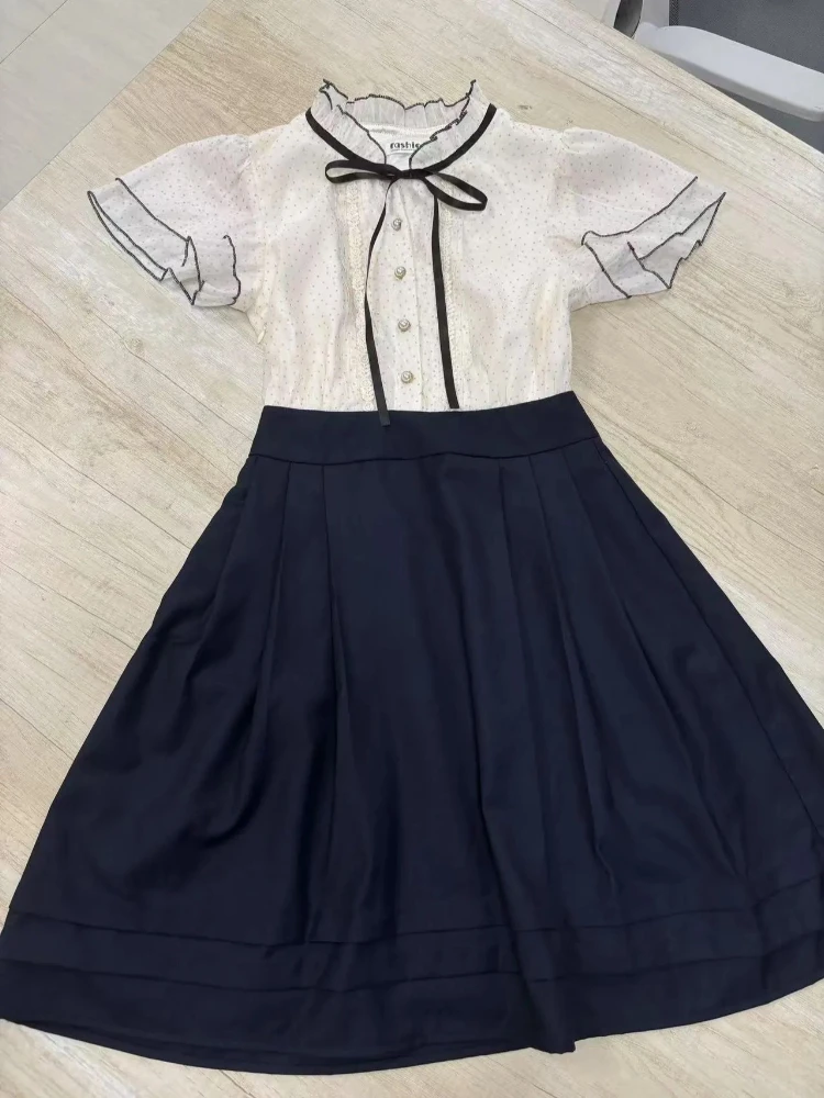 

2026 Japanese Vintage Patchwork Dress Women Sweet Lovely Slim Retro Dresses New Lace Ruffle Sleeve Bow Elegant Clothing Summer