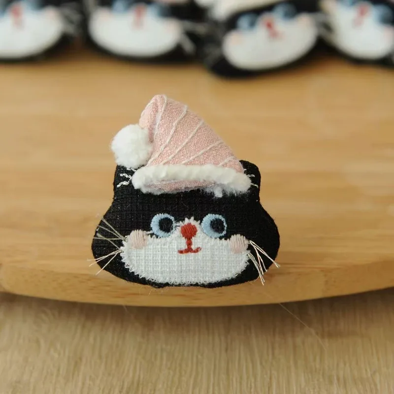 Stuffed Fabric Brooch For Girls Cute Black Kitty Pink Sleep Cap Sweet Kawaii Portable Pin For Backpack Hat Jacket Office Party