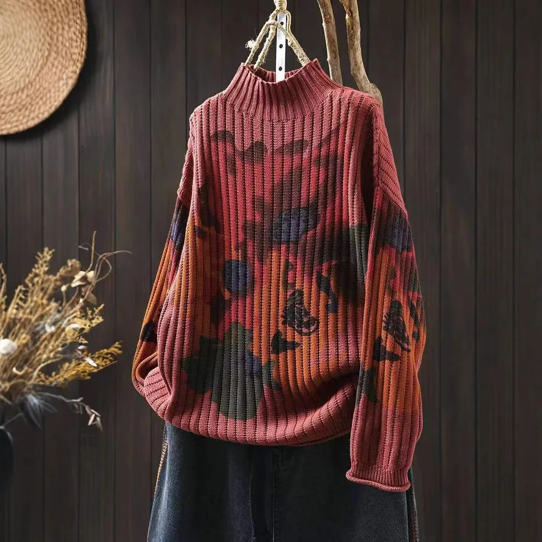 ملابس تريكو أنيقة بطباعة زهور للنساء ذات نوعية جيدة فضفاضة غير رسمية بأكمام طويلة نصف الياقة المدورة ملابس تريكو نسائية مريحة