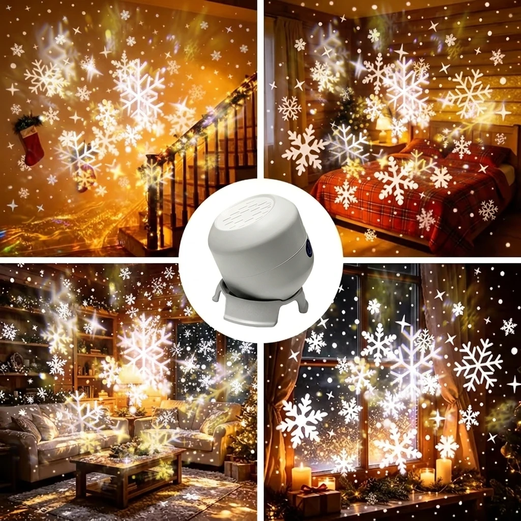 Snowflake Projector Light 360°Rotating Dynamic Christmas Snowflake Projector USB Rechargeable Night Lamp for Bedroom Party Decor