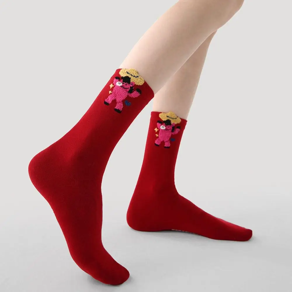 

3Pairs Cute Winter Autumn New Year Tube Socks Mid Calf Comfortable Zodiac Year Socks Cartoon Good Luck Red Cotton Socks Gift