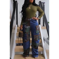 Plus Size Hoge Taille Voor Dames Denim Broek Afslankende Hitkleur Wijde Colorblock Pocket Flares Broek Mode Streetwear