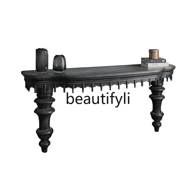 

French retro style solid wood engraving ensuite table against the wall, oak engraving table