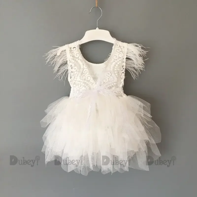 Платье принцессы с перьями для первого дня рождения, кружевное летнее детское платье-пачка с летящими рукавами для маленьких девочек и поясом MN3