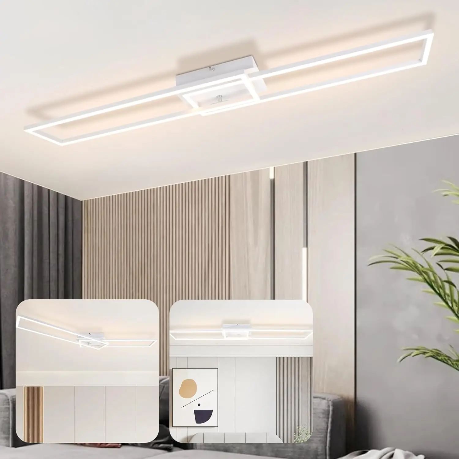Cliheet 2-flammige 32W 3000K warmweiße LED-Deckenleuchte mit weißem Rahmen, rechteckig, für Wohnzimmer, Schlafzimmer, Küche, Esszimmer