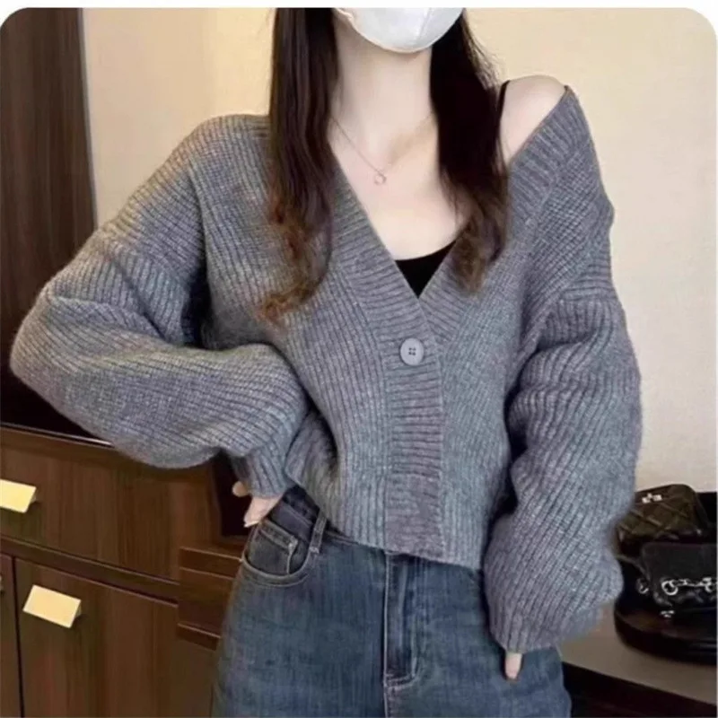 

Women Solid Cardigan Sweaters Knitted Jumpers V Neck Long Sleeves Single Button Loose Fit Casual Office Lady 2025 Autumn Winter