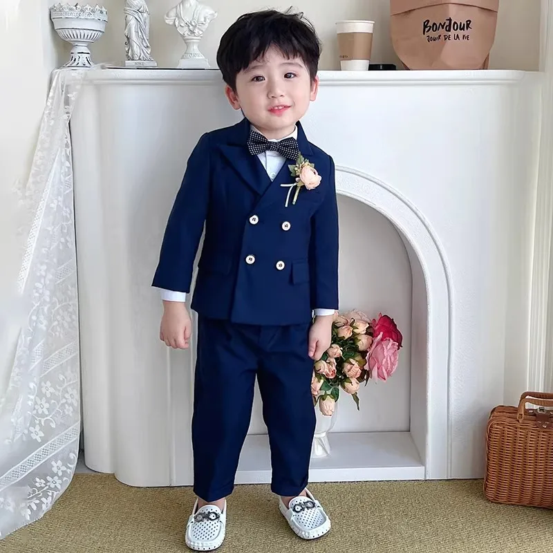 Boys Spring Autumn 5Pieces Wedding Suit Set With Jacket Vest Pants Bowtie Brooch Children Piano Host Performance Costume