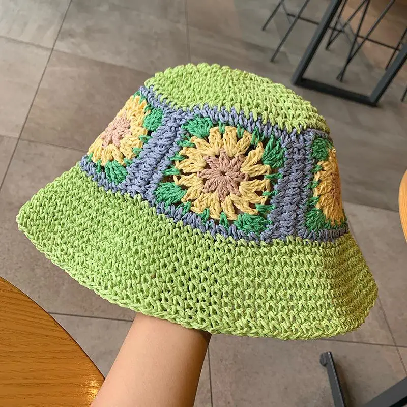 Women Sun Beach Crochet Flowers Hat Fisherman Hat Tourism Female Vacation Paper Straw Bucket Hat