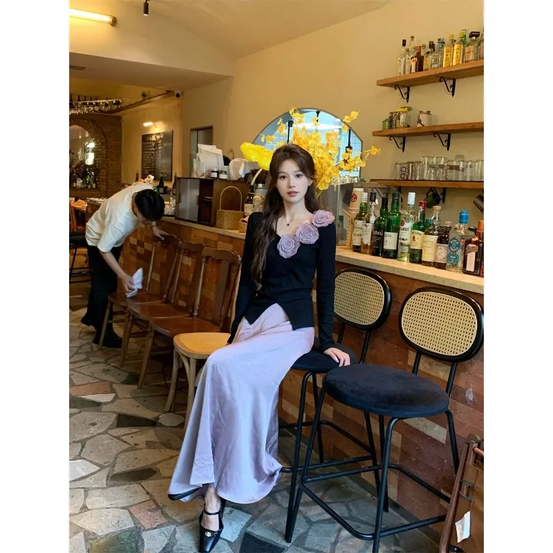 

Women's Rose Knit Top High Waist Skirt 2-Piece French Style Fall Outfit