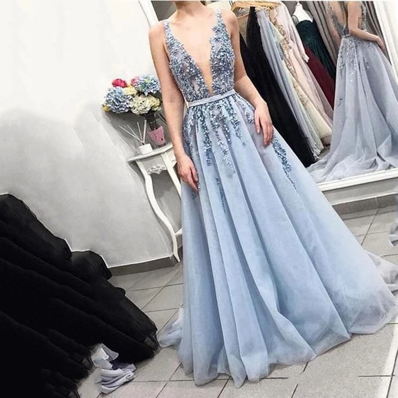 

ANGELSBRIDEP Sexy Deep V-Neck Sky Blue Prom Party Dresses Vestidos de festa Junior Applique Tulle Formal Evening Pageant Gowns