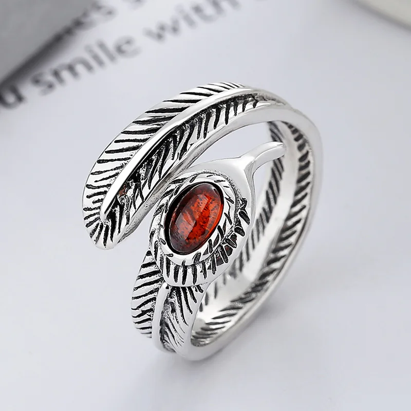 

S925 Sterling Silver Retro Trend Court Takahashi Feather Shape Set Open Ring Men Women