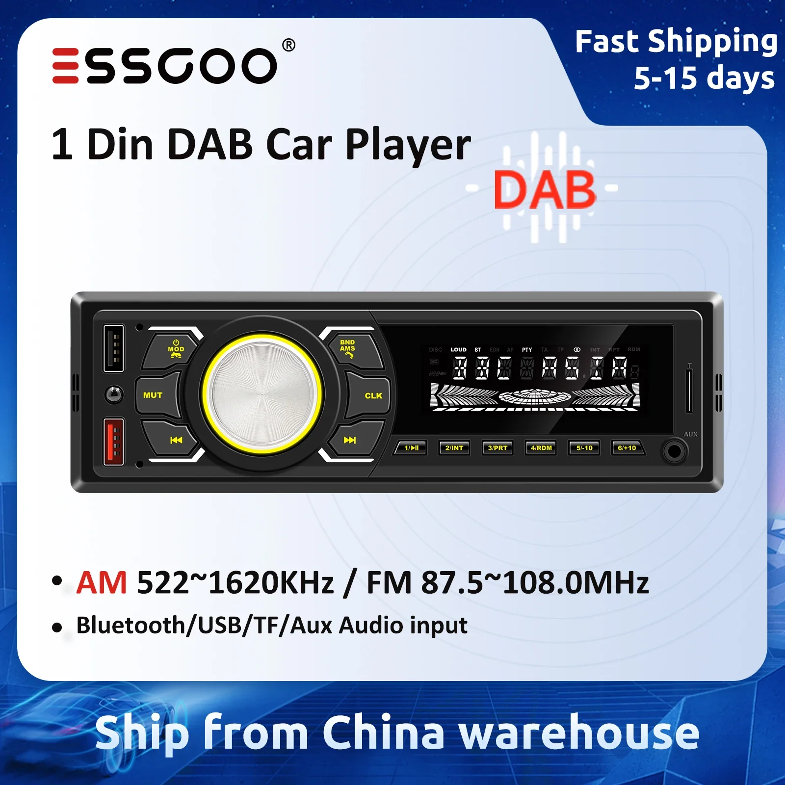 

ESSGOO 1 Din MP3 Car Player Autoradio DAB DAB+ RDS AM Car Stereo Radio 7 Colors Button Bluetooth Central Multimedia Car Audio