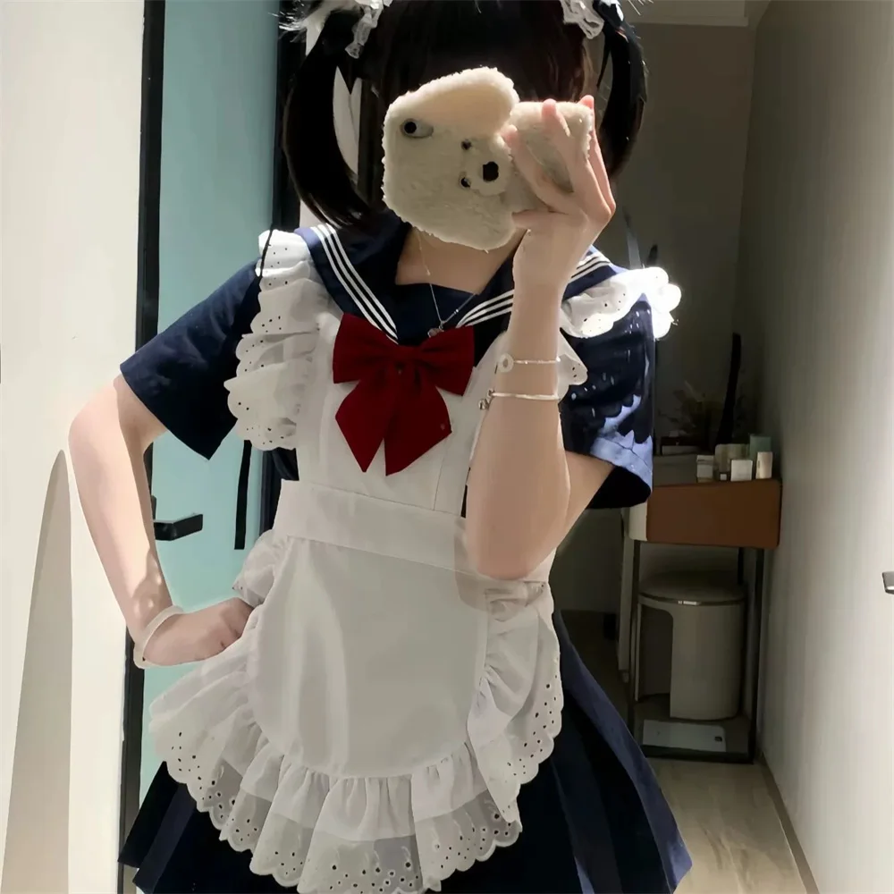 Japanese JK Uniform Sailor Uniform Cute Maid COS Academy Wind Cyan Three Books Lolita Maid Apron