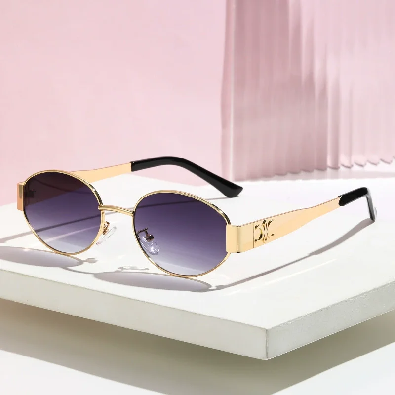 Luxury Designer Brand Sunglasses for Women and Men Oval Metal Frame Unisex Glasses Stylish Glamour Eyewear Retro Gold-Edged Oval