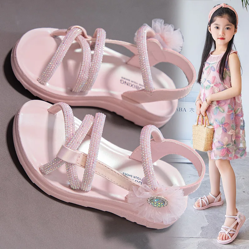 

Children's Rhinestone Lace Flower Anti Slip Open Toe Soft Sole Sandals, Girls 2024 Summer New Fashionable and Sweet Sandals