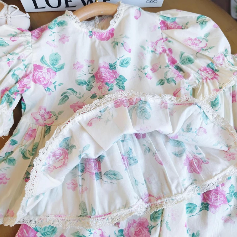 New Spring Autumn Girls Clothing Set Full Print Flower Lace Girls Dress + Pants 2Pcs Outfit For Kids Children Birthday Present