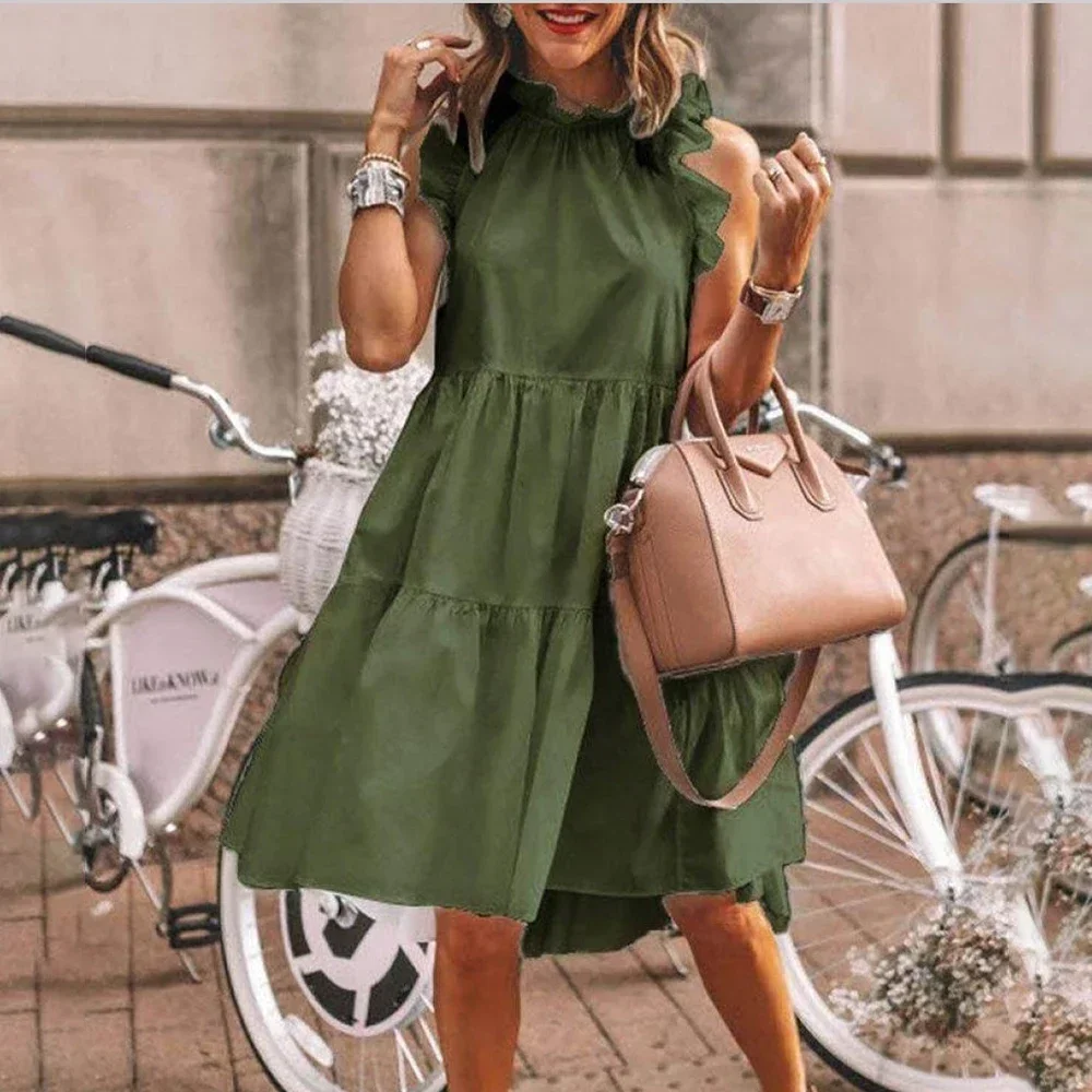 Summer Casual Ruffle Collar White Loose Beach Women\'s Dress Casual Bohemian Sleeveless Large Hem Solid Round Neck Long Dress