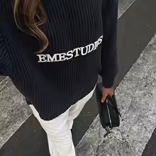 Letter Embroidered Crew Neck Pullover Sweater Knit Oversize Long Sleeve 2025 Autumn Cozy Women Top Trendy Casual Daily Sweaters - AliExpress