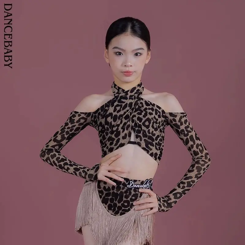라인댄스 의상 무대 의상 세트 레오파드 라틴댄스 프린지 스커트 라틴댄스 트레이닝 긴팔 상의