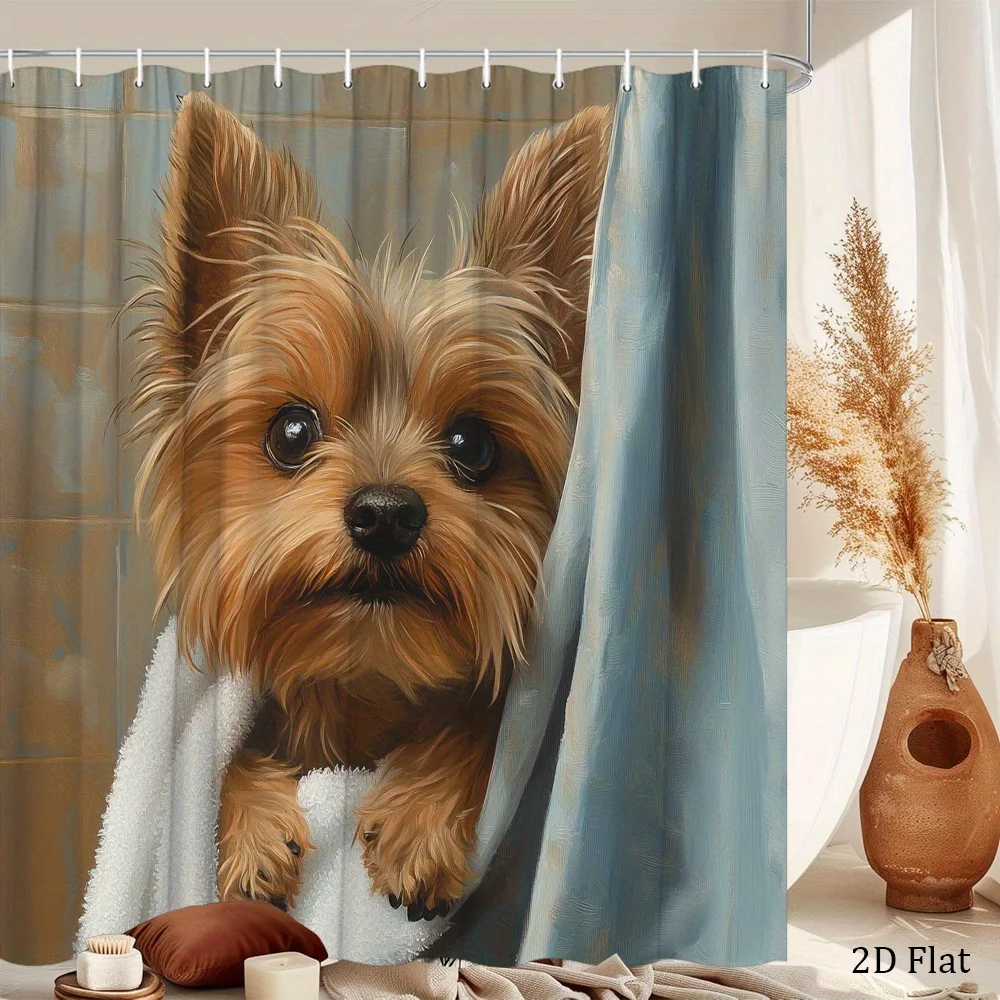 1pc 2D Flat Yorkshire Terrier Puppy in Towel Behind Blue Curtain Shower Curtain, Hyper-realistic Details, Warm Beige Tiled Bathr
