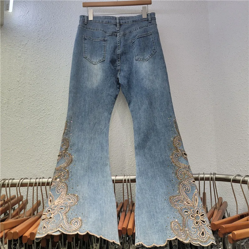 Jeans Women Hollowed Out Hot Stamping Heavy Embroidery Micro Flared Jeans for Women, High Waisted and High Stretch Pants