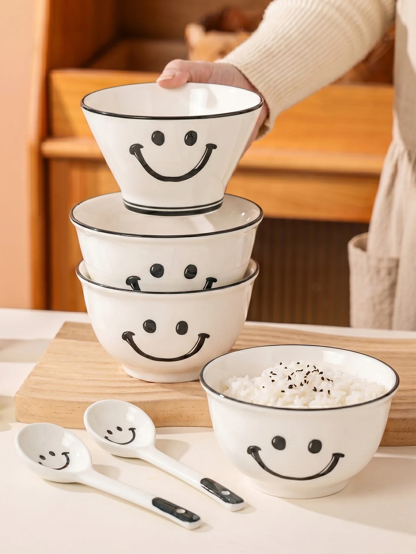 Ceramic Rice Bowl Set Home Use 2026 New Style Cartoon Smiling Face Beautiful Bowl Special Extra Good Looking Bowl Dining Uten...