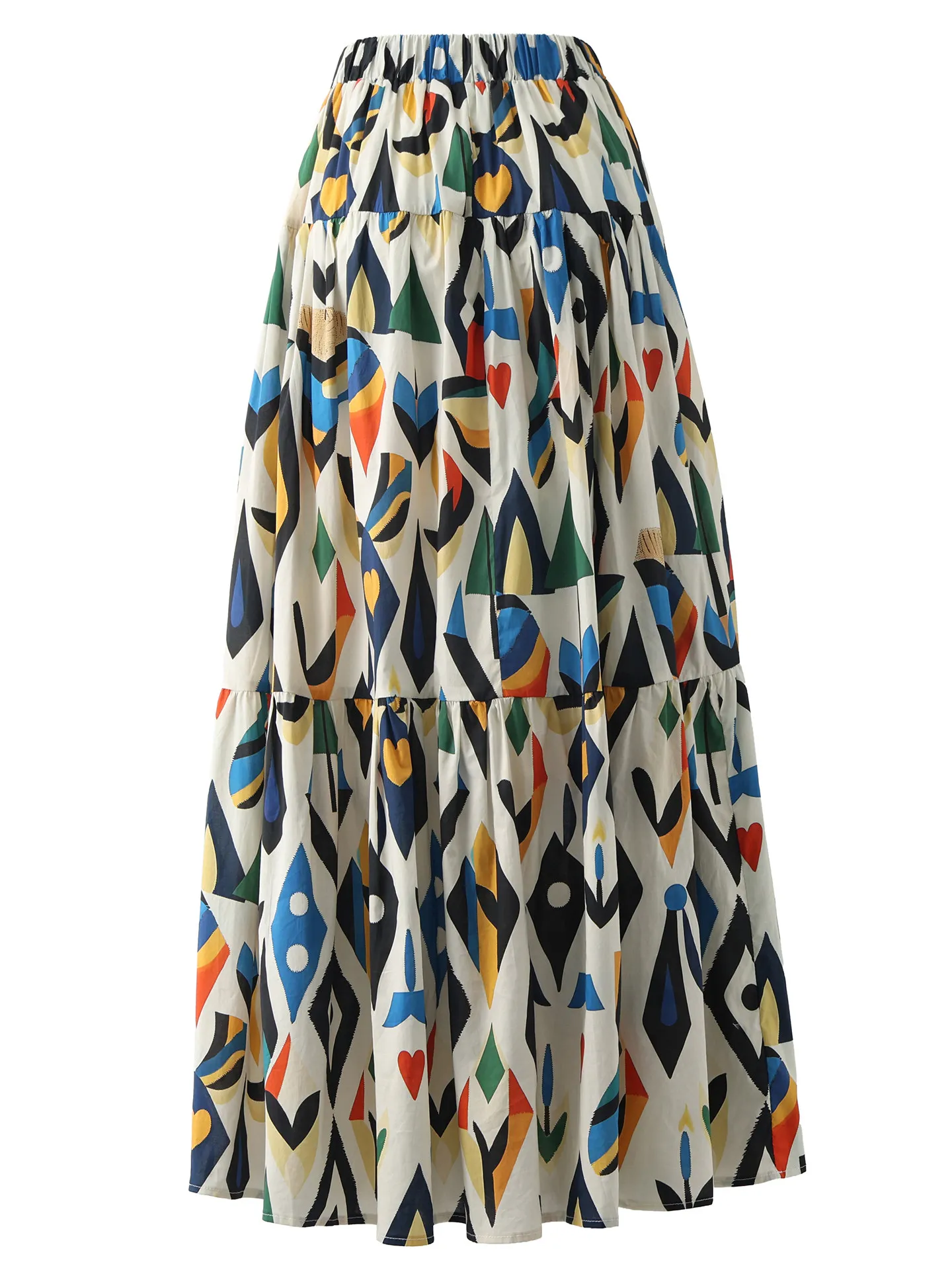 2026 New Spring Summer 100%cotton Pleated Skirt High Quality Elegant Splicing Elastic Waist Ultra Long Printing A-line Skirts