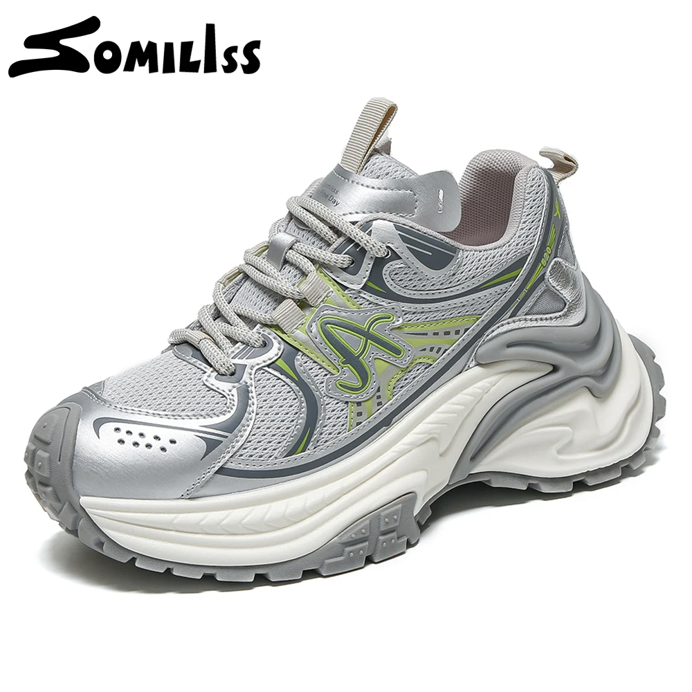 

SOMILISS Chunky Platform Sneakers for Women Microfiber Leather Mesh Breathable Fashion Non Slip Casual Shoes Spring Summer