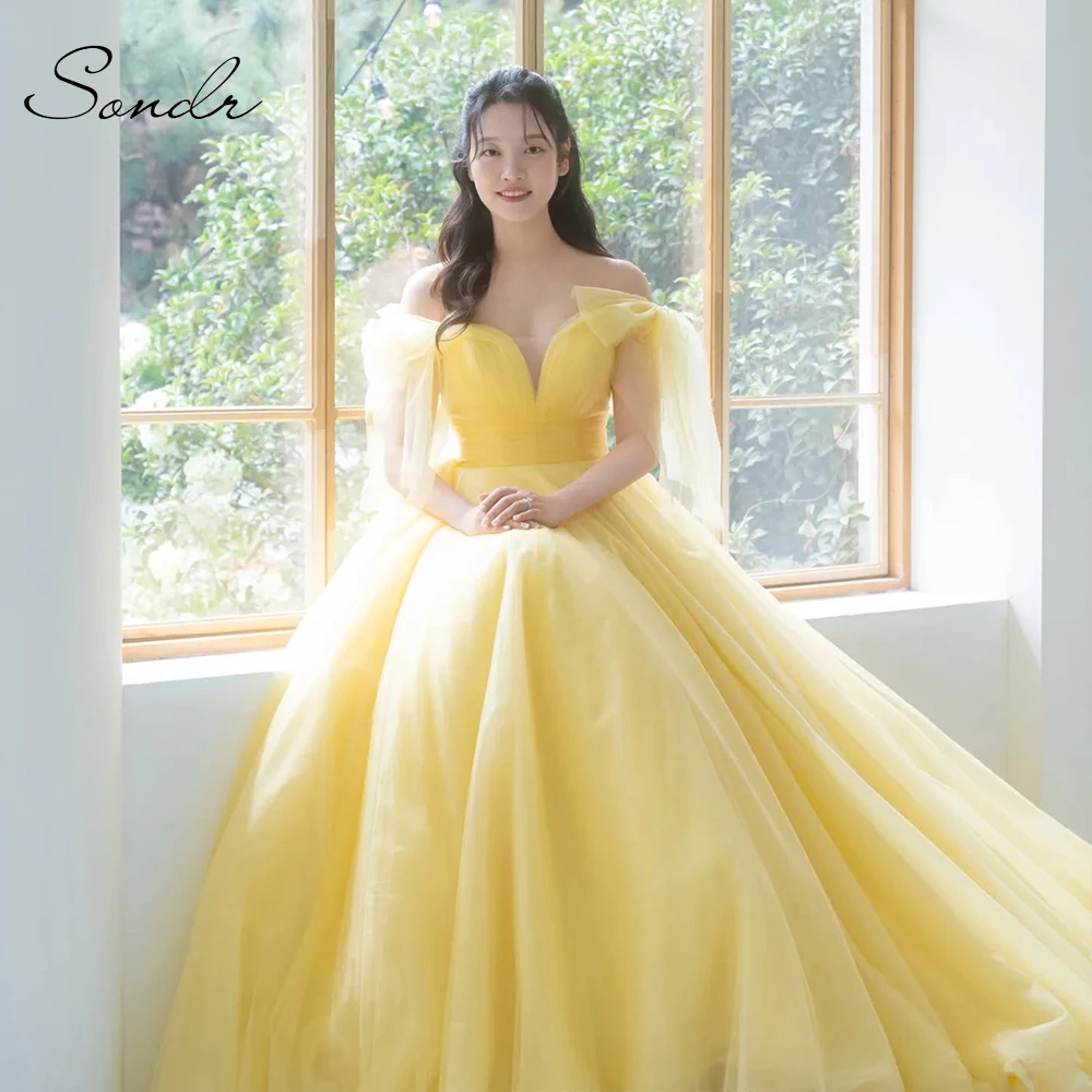 Sondr Bright Yellow Korean Wedding Dresses Off the Shoulder Soft Tulle Luxury Party Dresses Fluffy Lady Formal Gown for Birthday